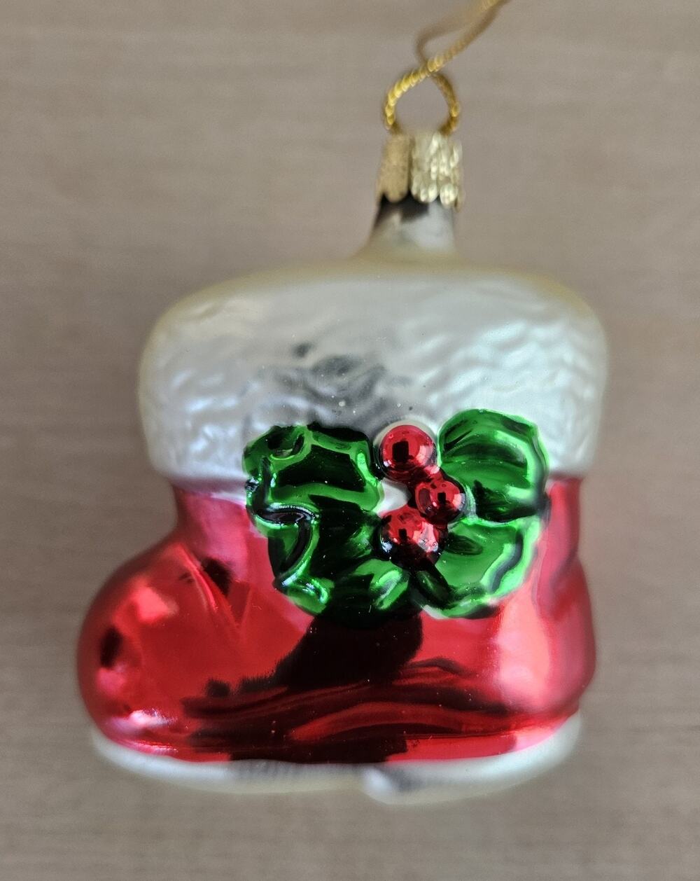 Santa’s Boot With Holly Blown Glass Ornament Czech Republic 3”Hx2.5”Lx1.5”W
